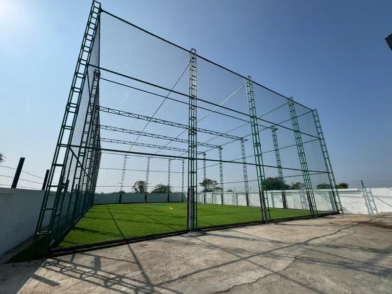 Netted box cricket ground with artificial turf and floodlight frame at Green Vibes Villa